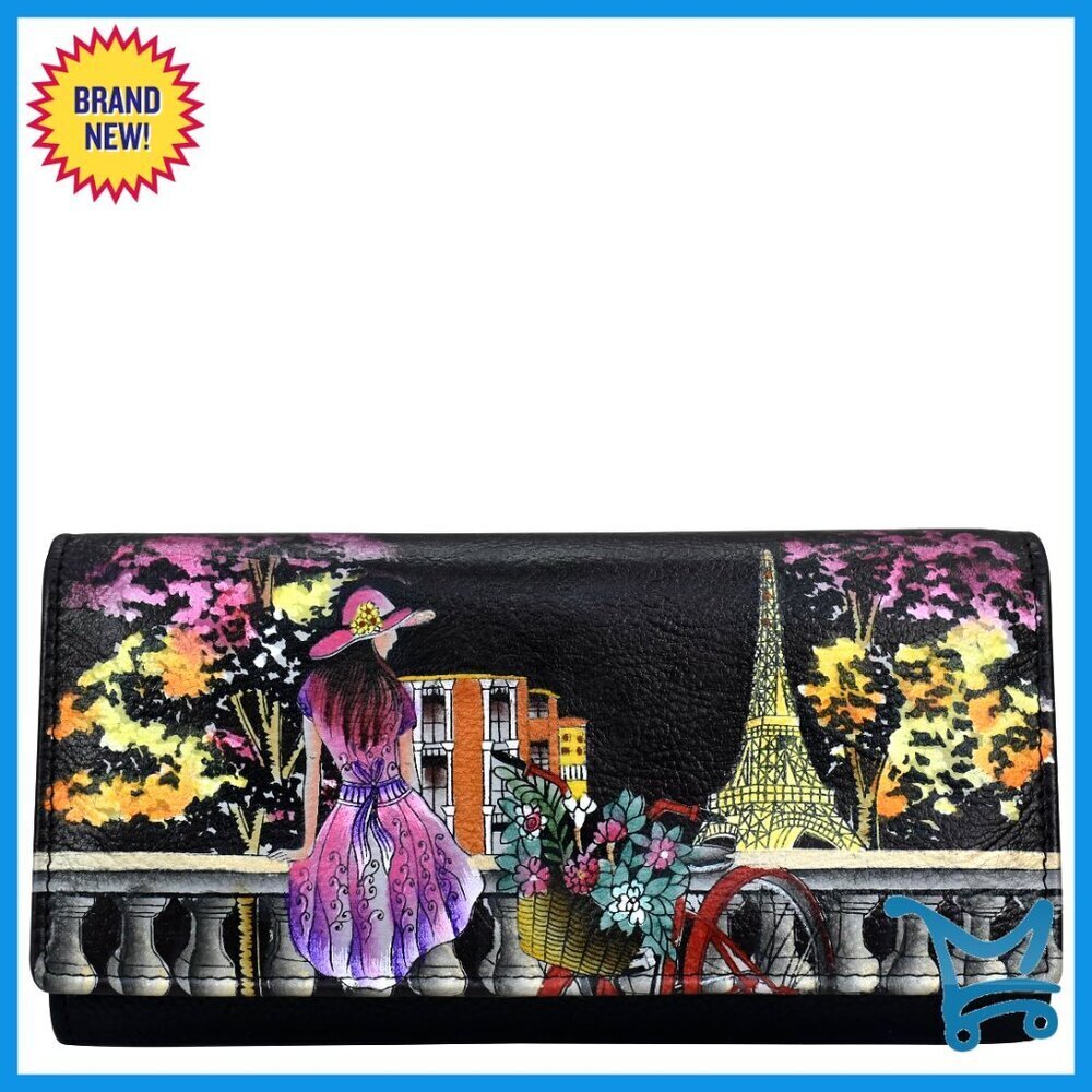 Hand Painted Leather Wallet with Multiple Pockets and Card Slots
